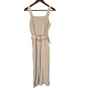 Minimalist Beige Linen Blend Square Neck Jumpsuit Wide Leg Belted Pockets Size M